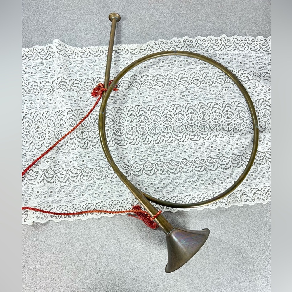 Large 19" Brass French Horn Decoration Christmas door mantle vignette patina